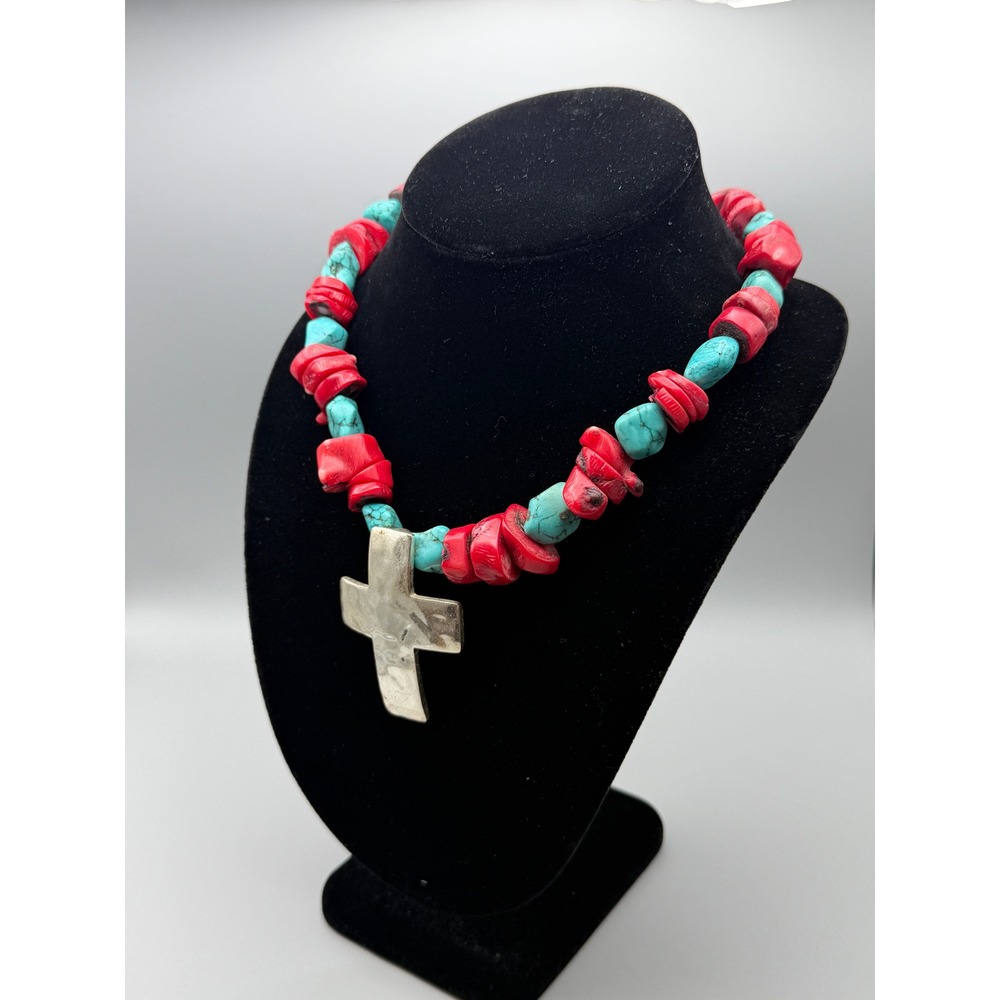 Vntg Red Coral Turquoise Nugget Necklace Large Cross Pendant Southwestern #1155 - Picture 2 of 7